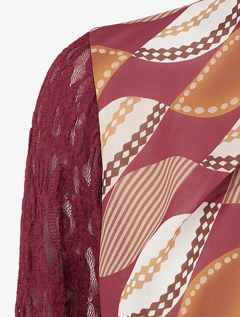 Top boule imprimé graphique à manches longues en dentelle - Lie de vin