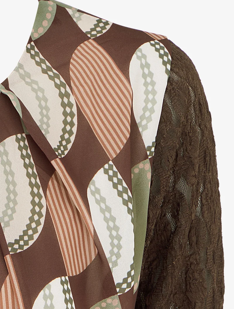 Top boule imprimé graphique à manches longues en dentelle - Marron