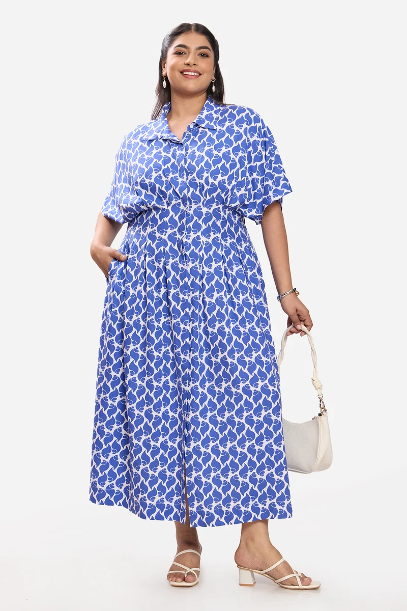 Senuri|100% Cotton Pleated Button Shirt Dress