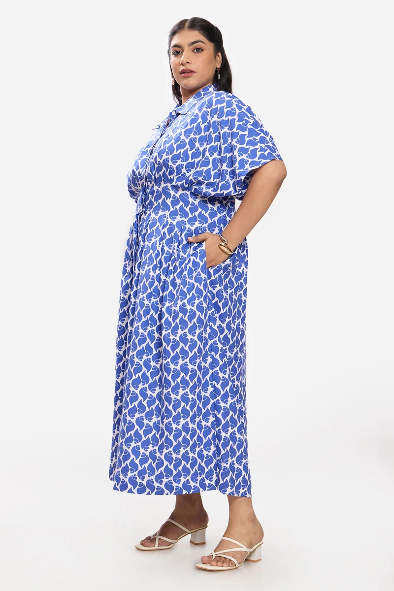 Senuri|100% Cotton Pleated Button Shirt Dress