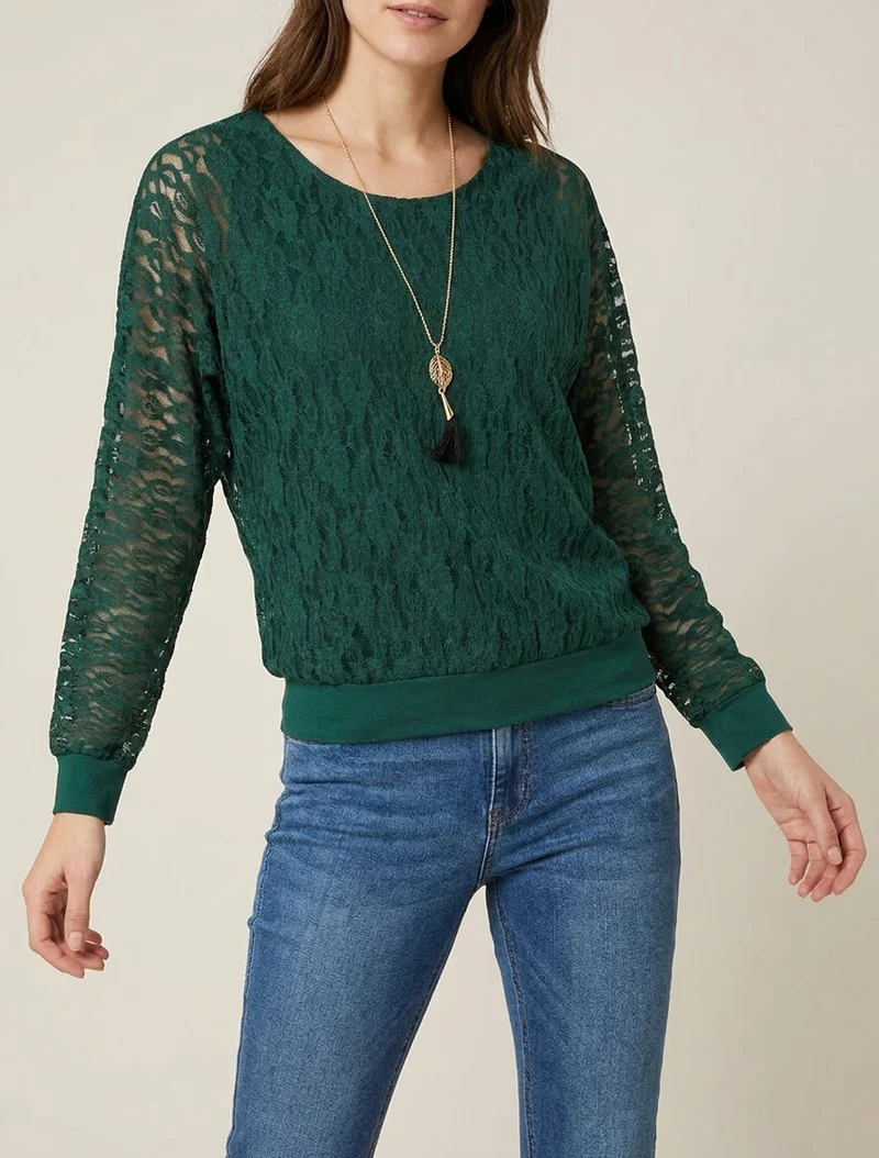 Top boule en dentelle à manches longues chauve-souris - Vert foncé