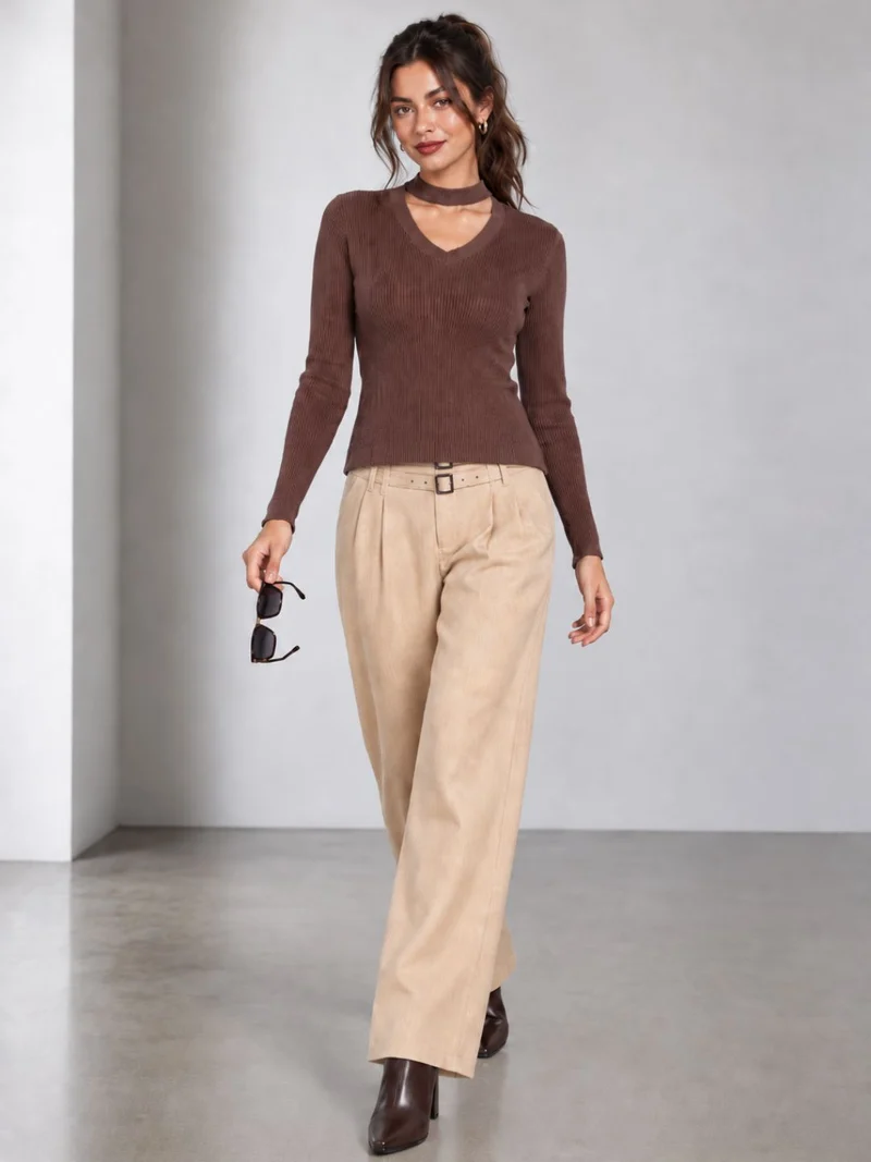 Lupi|Viscose Cut Out V Neck Full Sleeve Knit Top