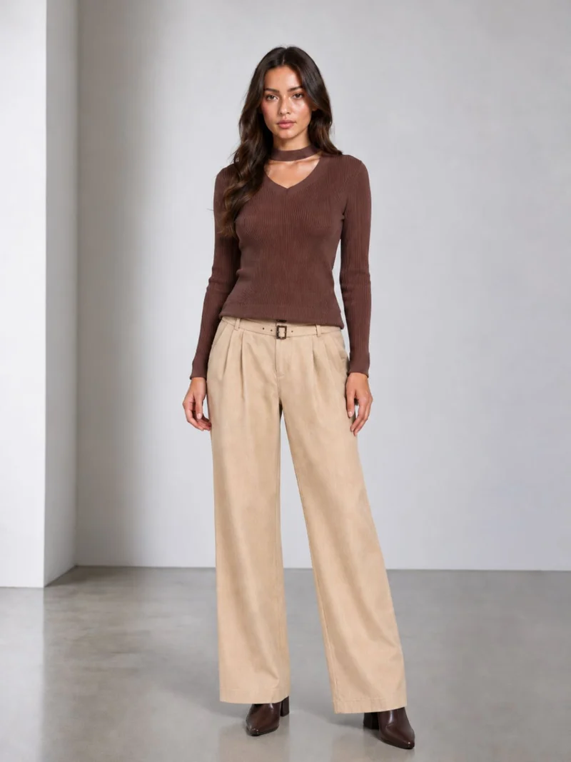 Lupi|Viscose Cut Out V Neck Full Sleeve Knit Top