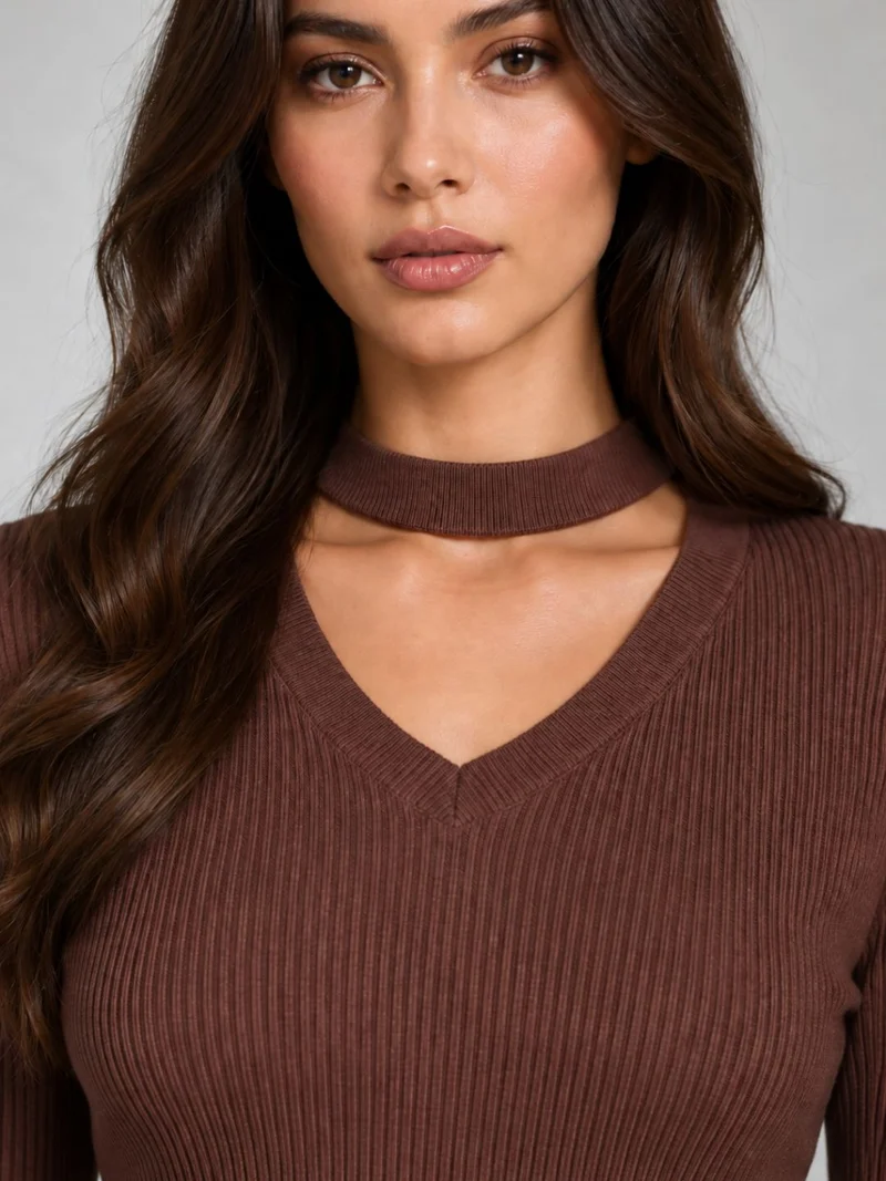 Lupi|Viscose Cut Out V Neck Full Sleeve Knit Top