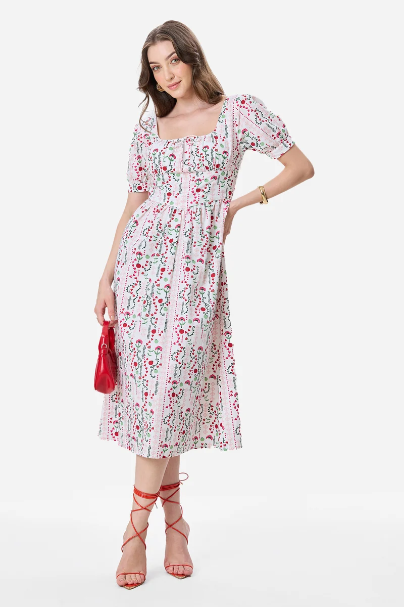 Islay|100% Cotton Fit & Flare Printed Midi Dress