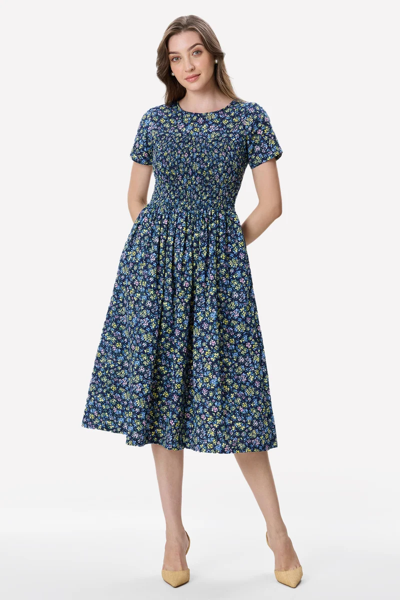Colli|100% Viscose Smocked Bodice Midi Dress
