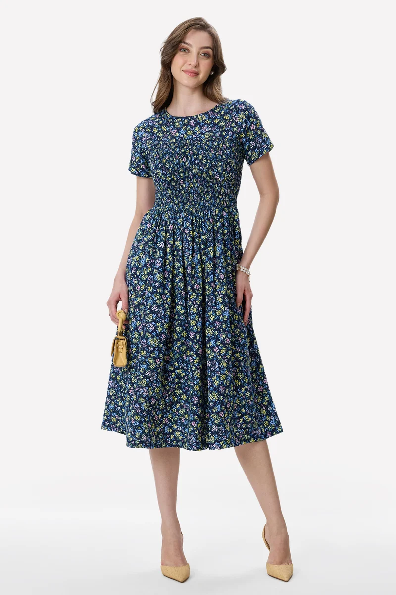 Colli|100% Viscose Smocked Bodice Midi Dress