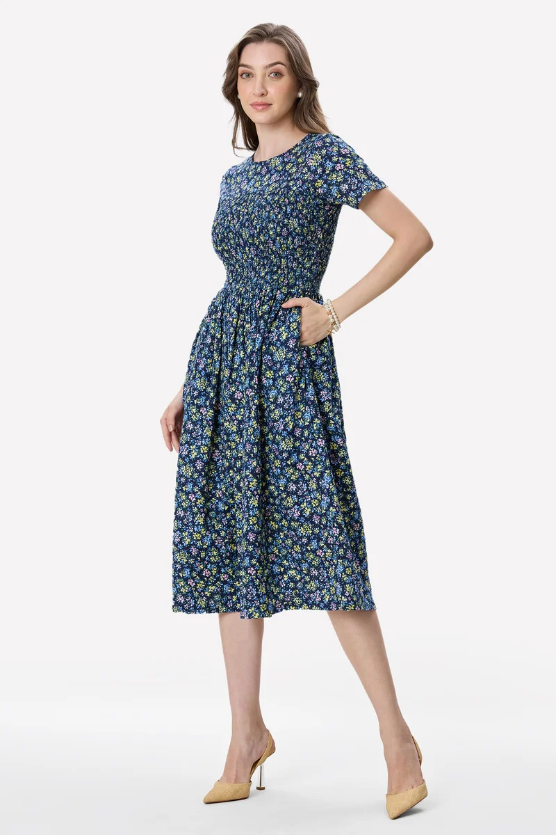 Colli|100% Viscose Smocked Bodice Midi Dress