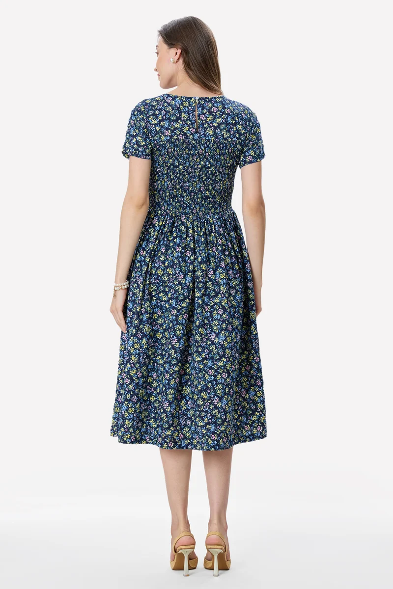 Colli|100% Viscose Smocked Bodice Midi Dress