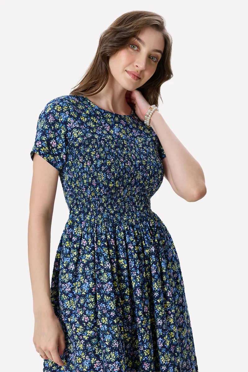 Colli|100% Viscose Smocked Bodice Midi Dress
