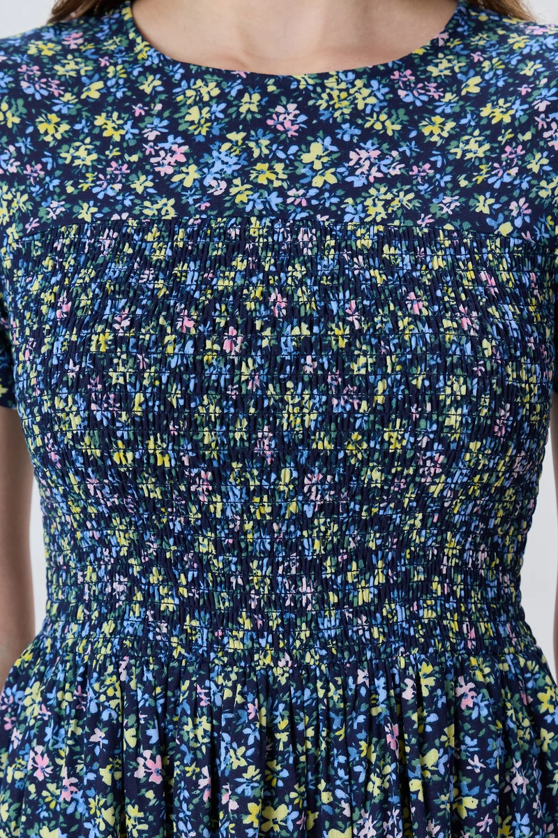 Colli|100% Viscose Smocked Bodice Midi Dress