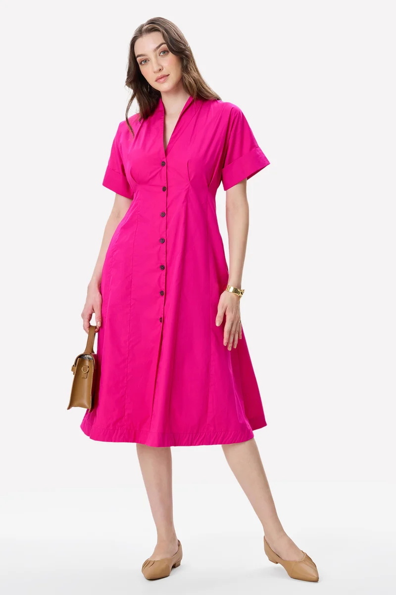 Shena|100% Cotton Pleat Detail Midi Dress