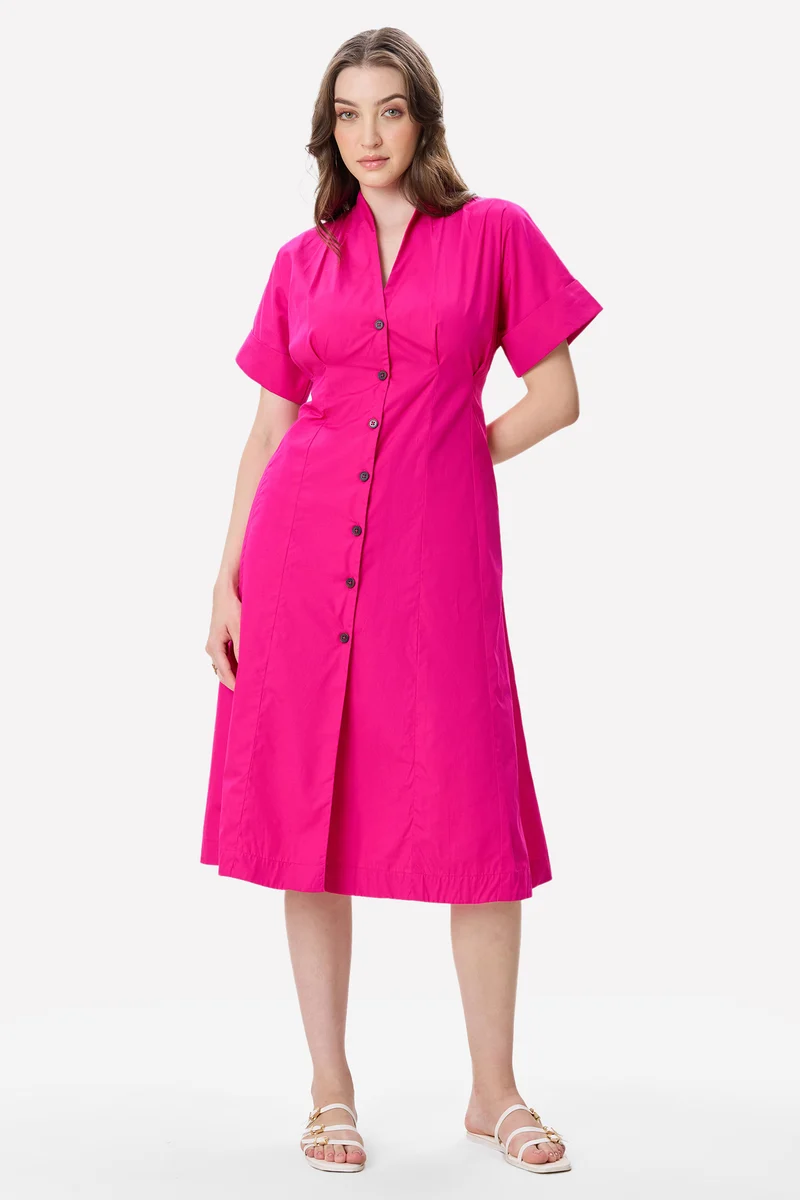 Shena|100% Cotton Pleat Detail Midi Dress