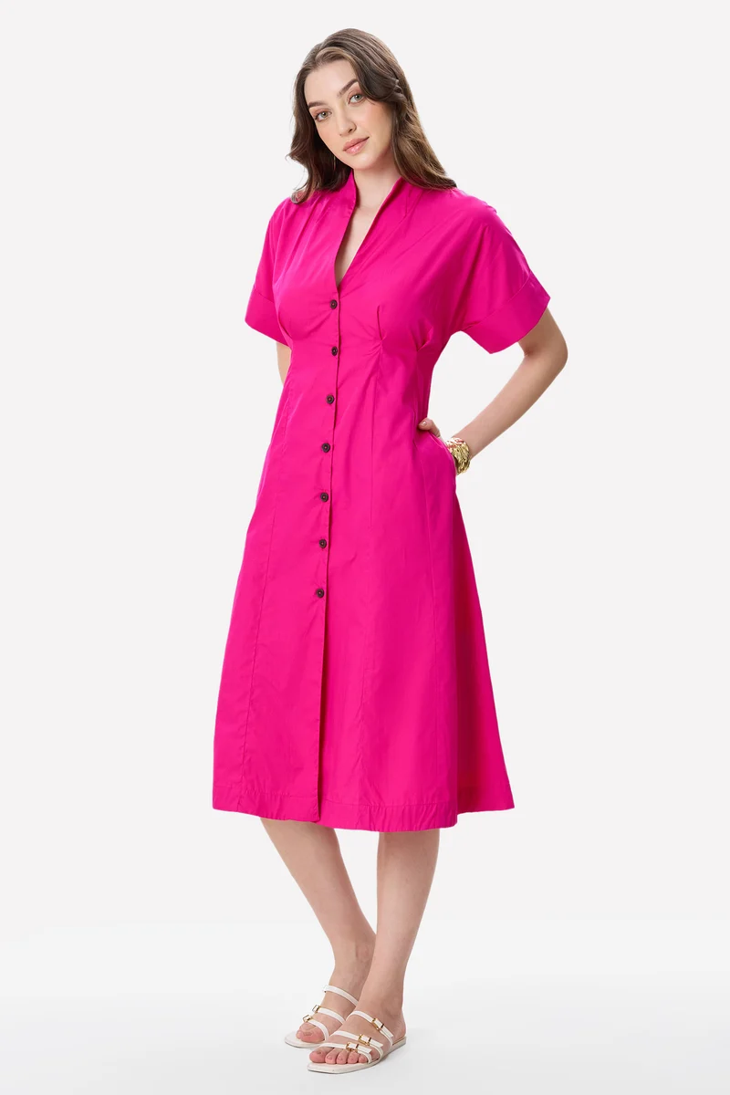 Shena|100% Cotton Pleat Detail Midi Dress