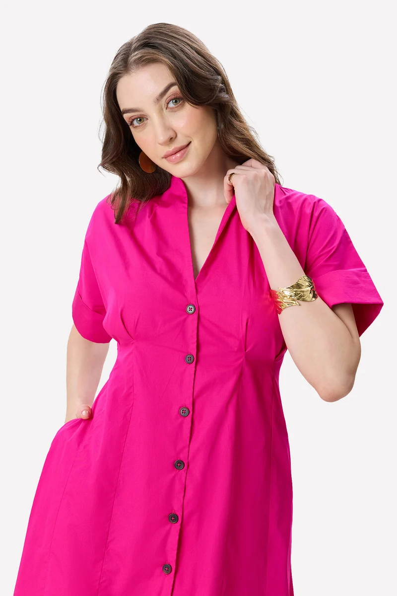 Shena|100% Cotton Pleat Detail Midi Dress
