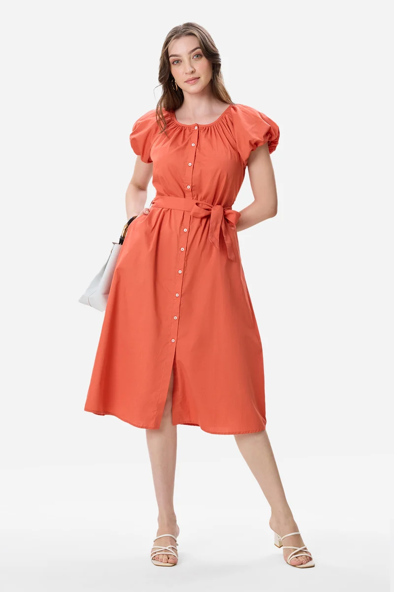 Kelsa|100% Cotton Bubble Sleeve Dress