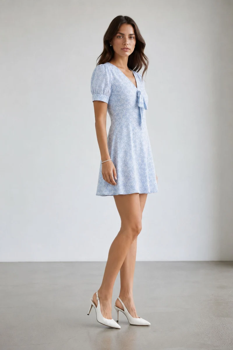 Mitali|100% Viscose Tie-Up Puff Sleeve Midi Dress