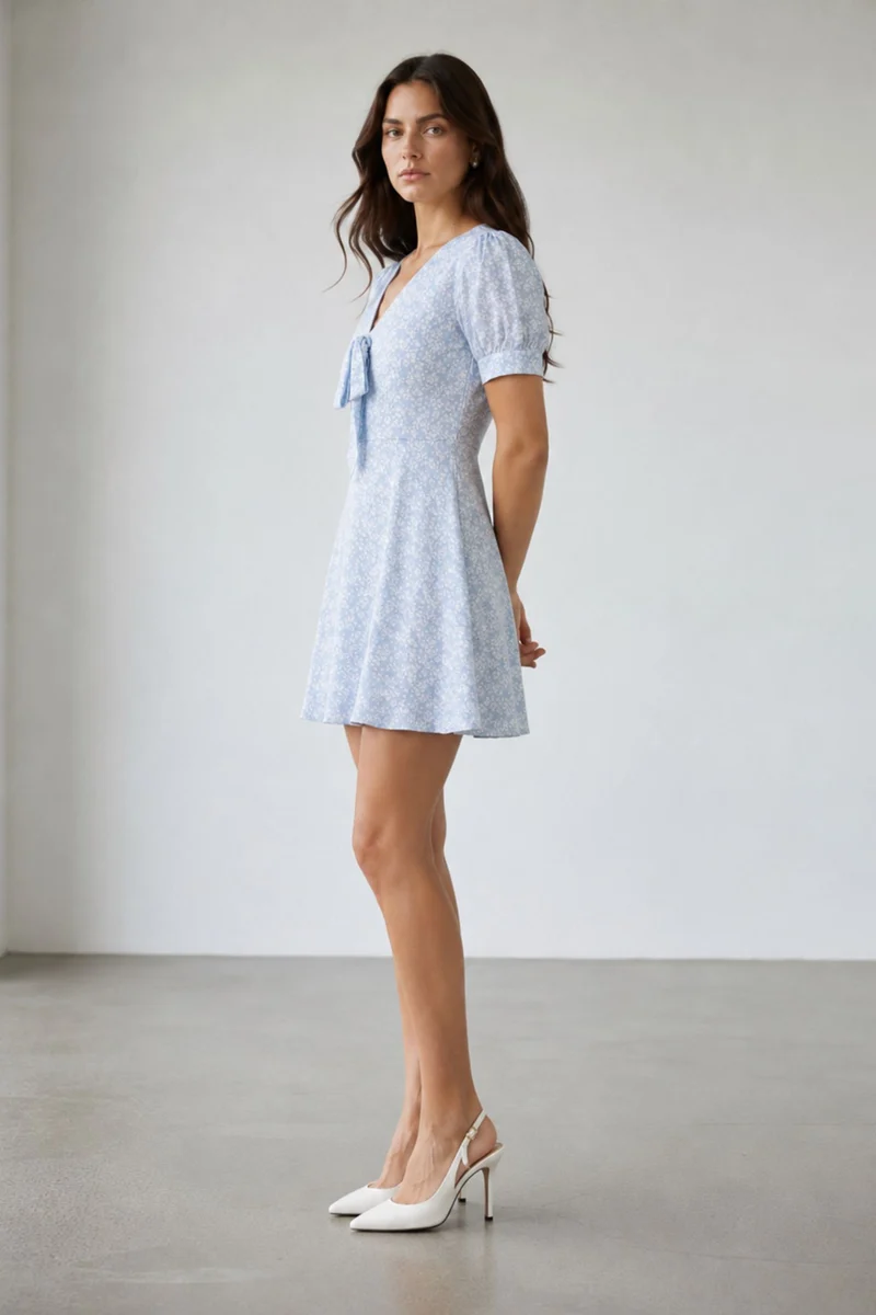 Mitali|100% Viscose Tie-Up Puff Sleeve Midi Dress