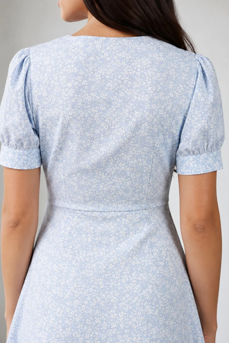 Mitali|100% Viscose Tie-Up Puff Sleeve Midi Dress