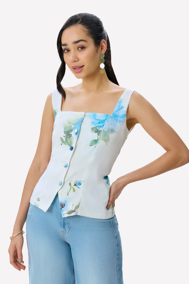 Rivani Top|100% Tencel Floral Printed Waistcoat