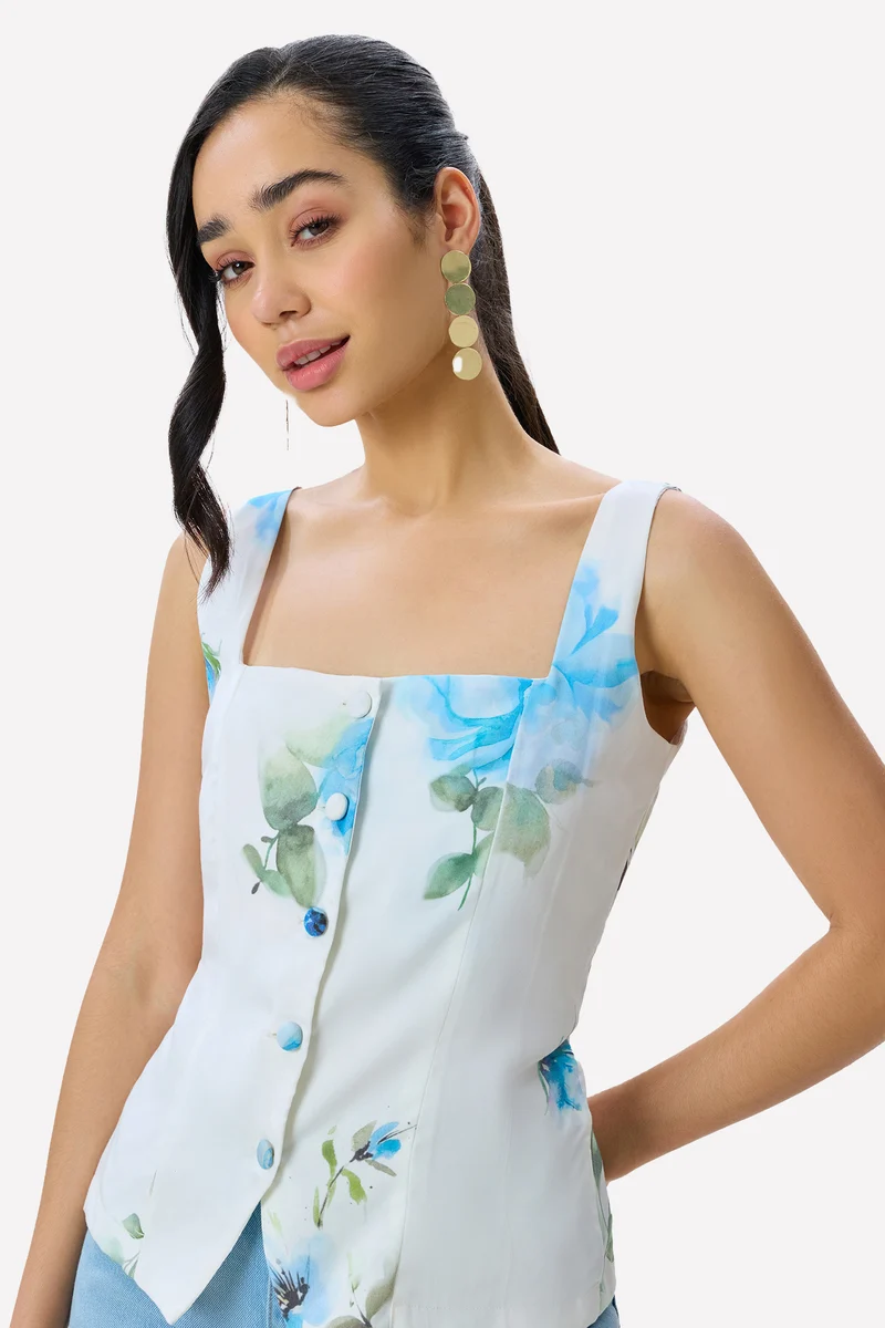 Rivani Top|100% Tencel Floral Printed Waistcoat