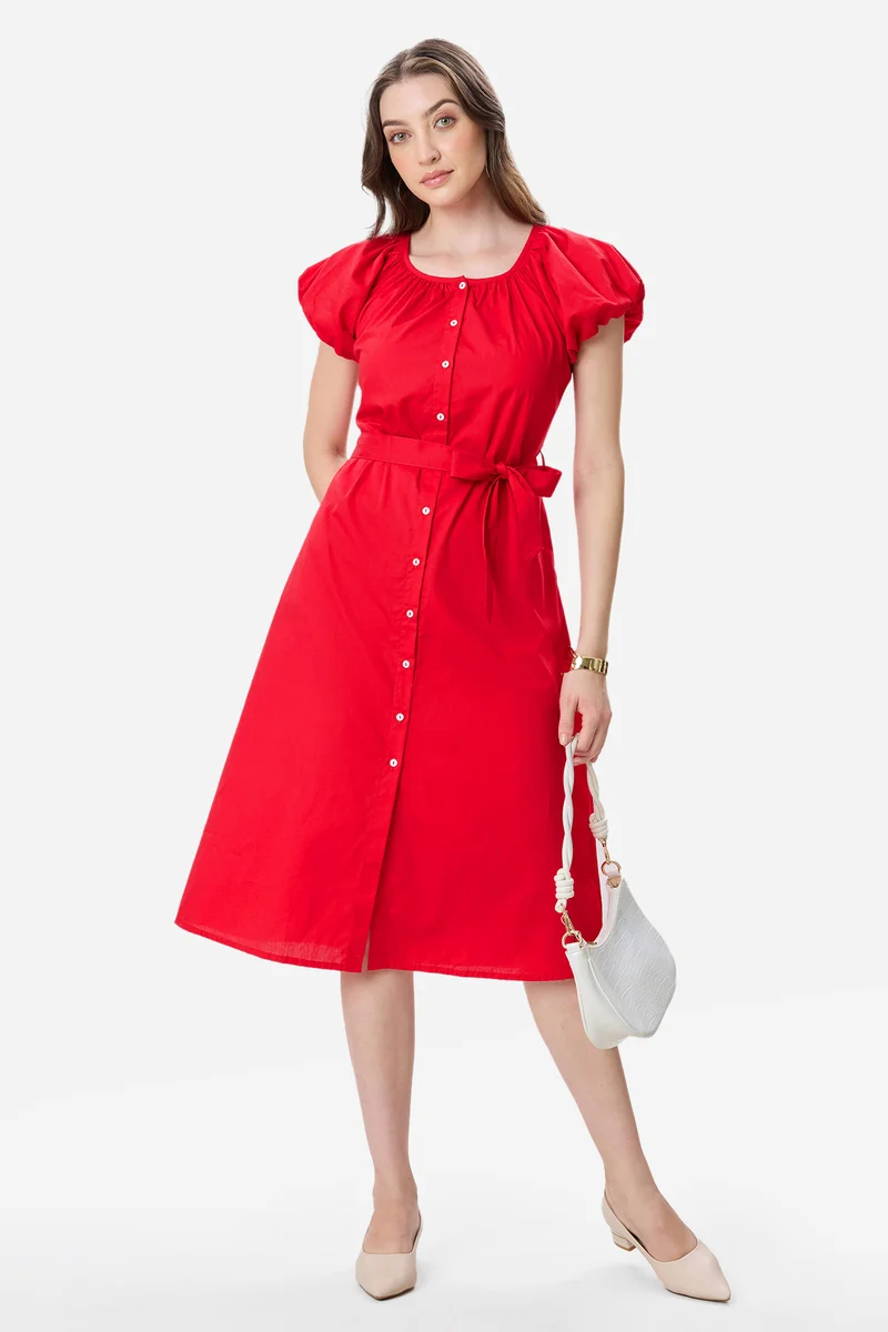 Seona|100% Cotton Bubble Sleeve Dress