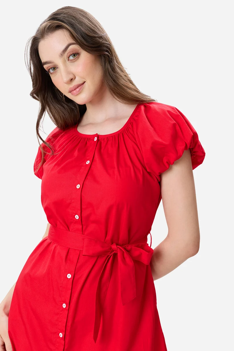 Seona|100% Cotton Bubble Sleeve Dress