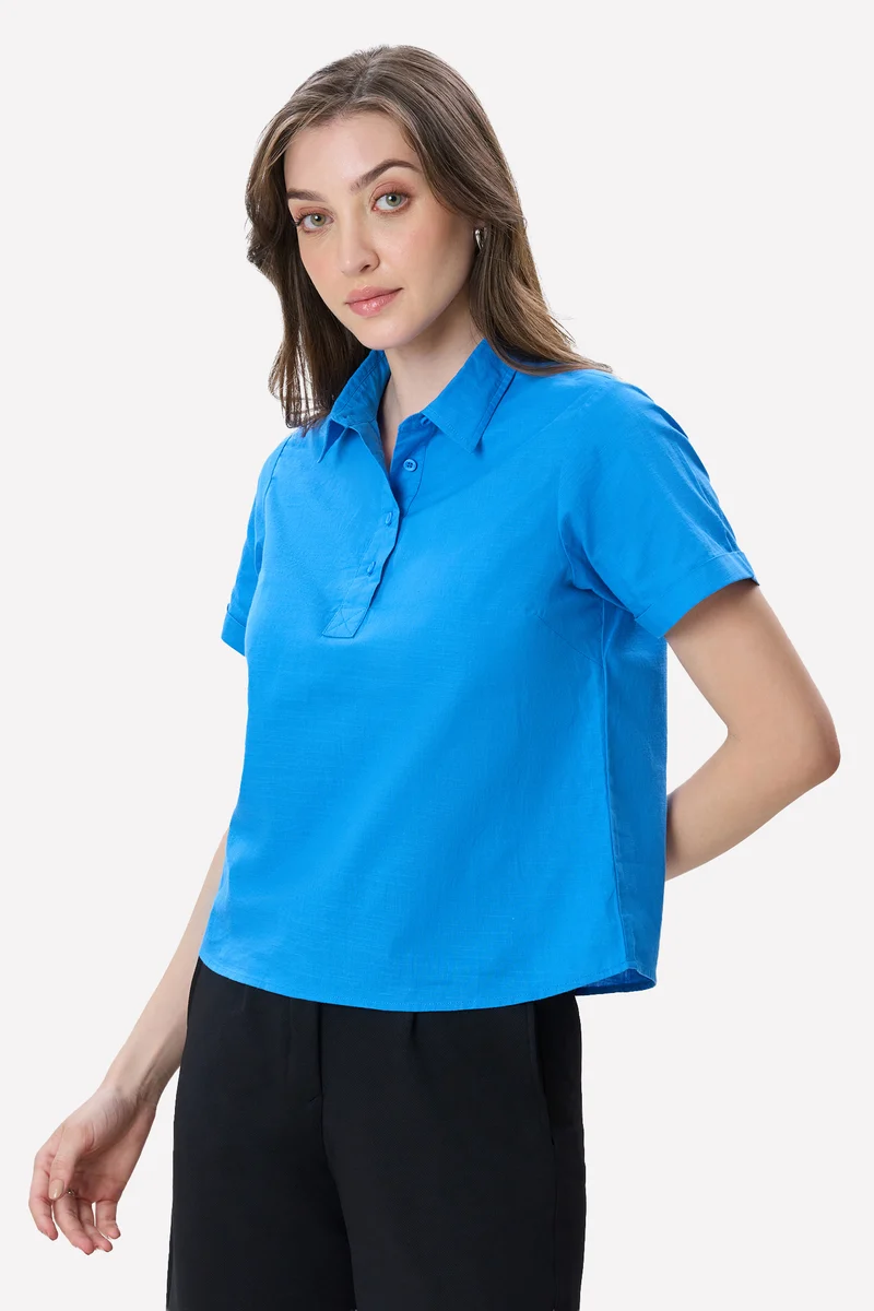 Moyra|100% Cotton Rolled-Up Sleeve Shirt