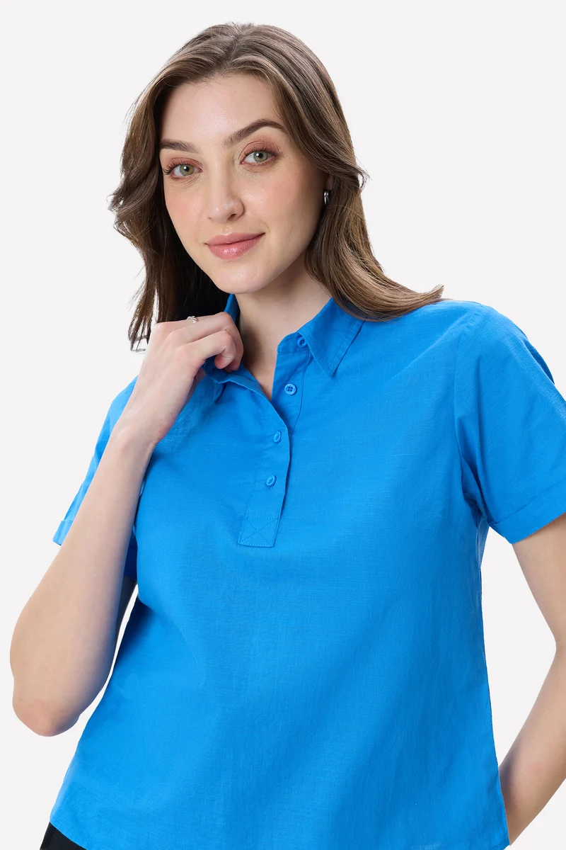 Moyra|100% Cotton Rolled-Up Sleeve Shirt