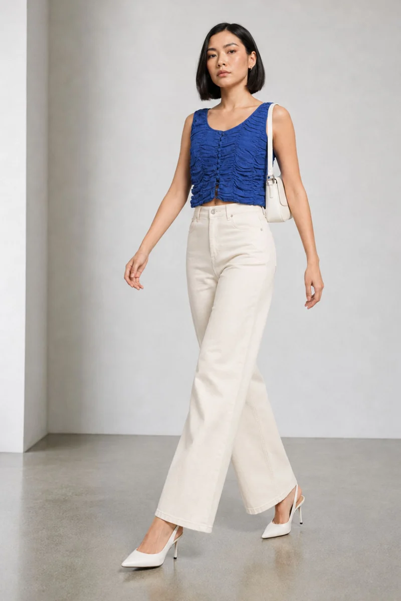 Vero|100% Viscose Ruched Scoop Neck Crop Top