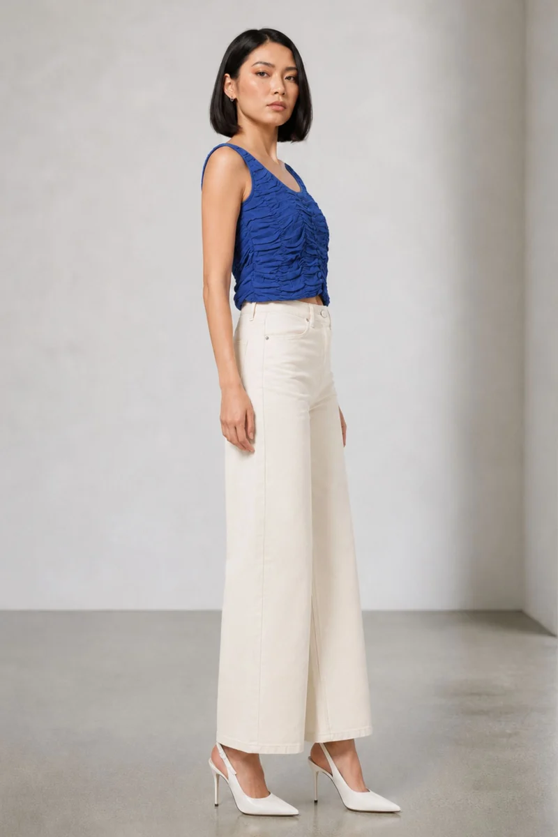 Vero|100% Viscose Ruched Scoop Neck Crop Top