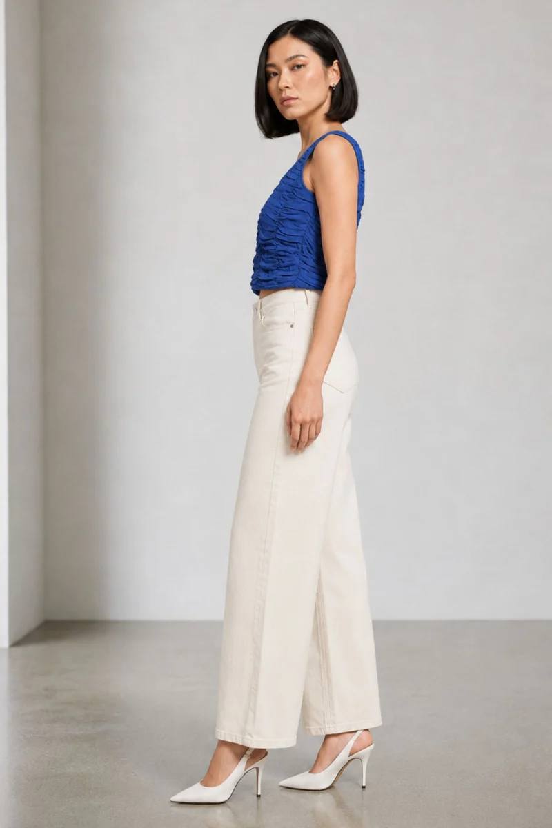 Vero|100% Viscose Ruched Scoop Neck Crop Top
