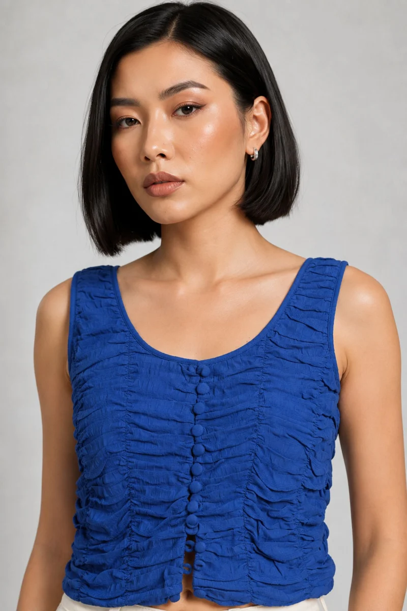 Vero|100% Viscose Ruched Scoop Neck Crop Top