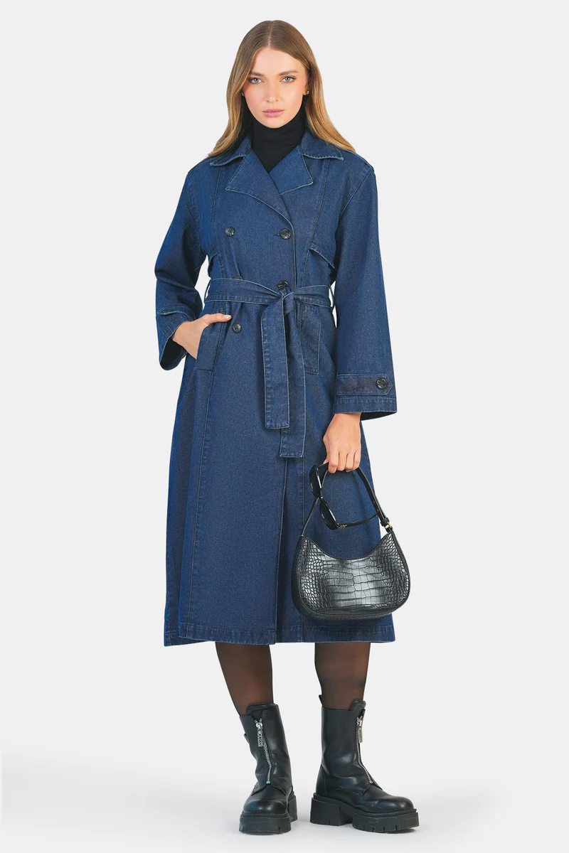 Loro|100% Cotton Belted Denim Trench Coat