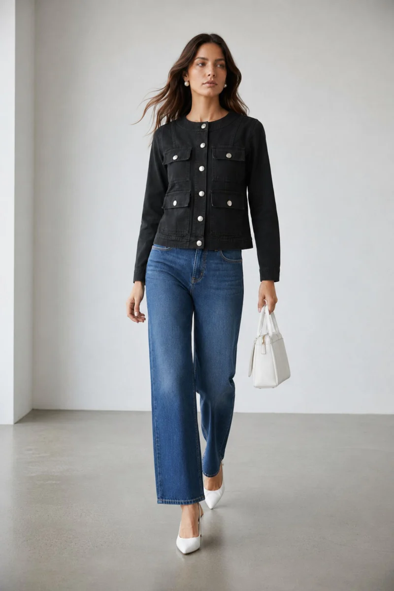 Afton|100% Cotton Denim Jacket With Flap Pockets