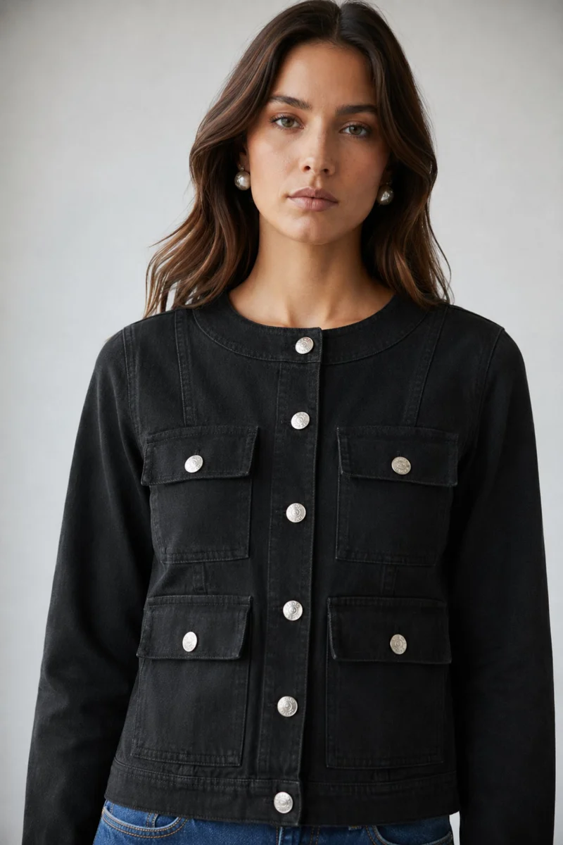 Afton|100% Cotton Denim Jacket With Flap Pockets