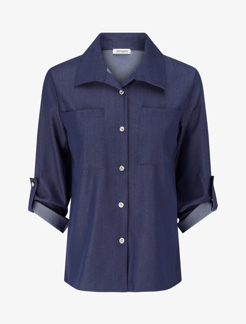 Chemise droite basique à poches plaquées - Bleu denim