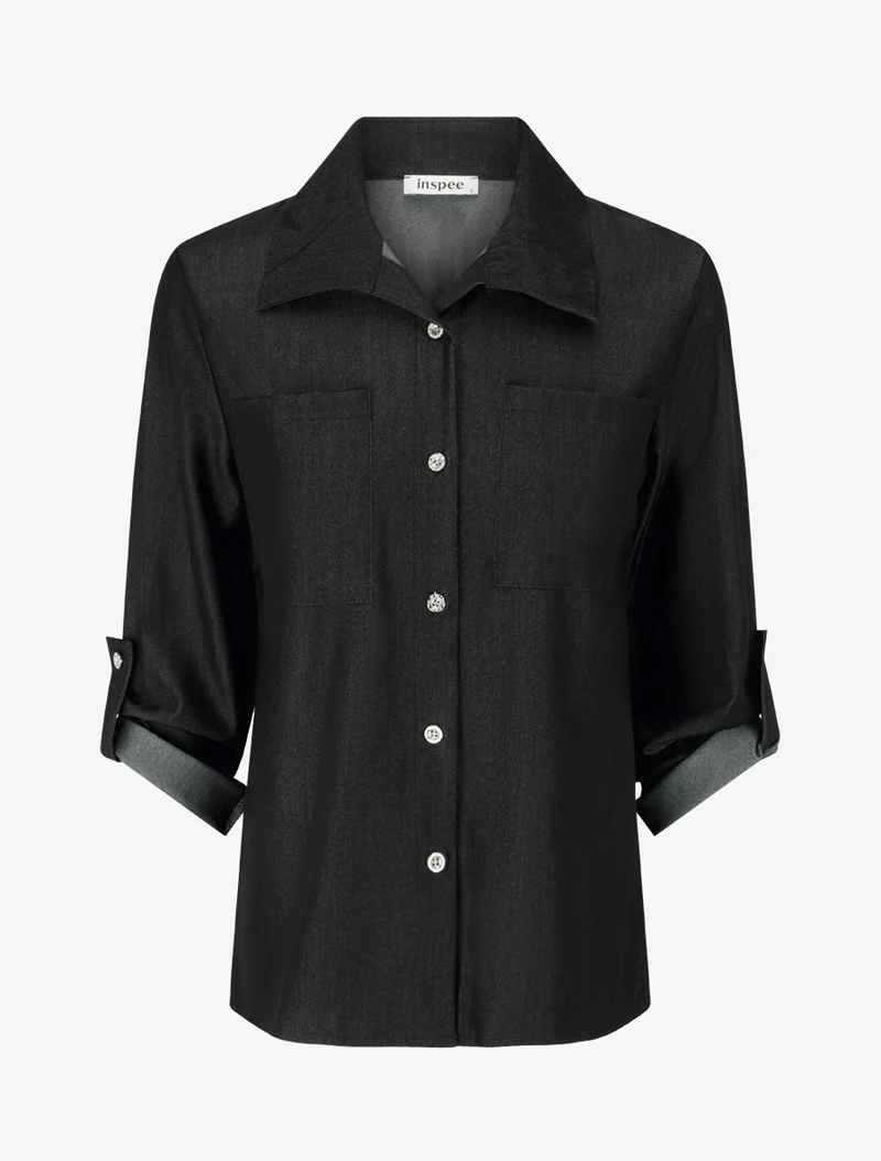 Chemise droite basique à poches plaquées - Noir