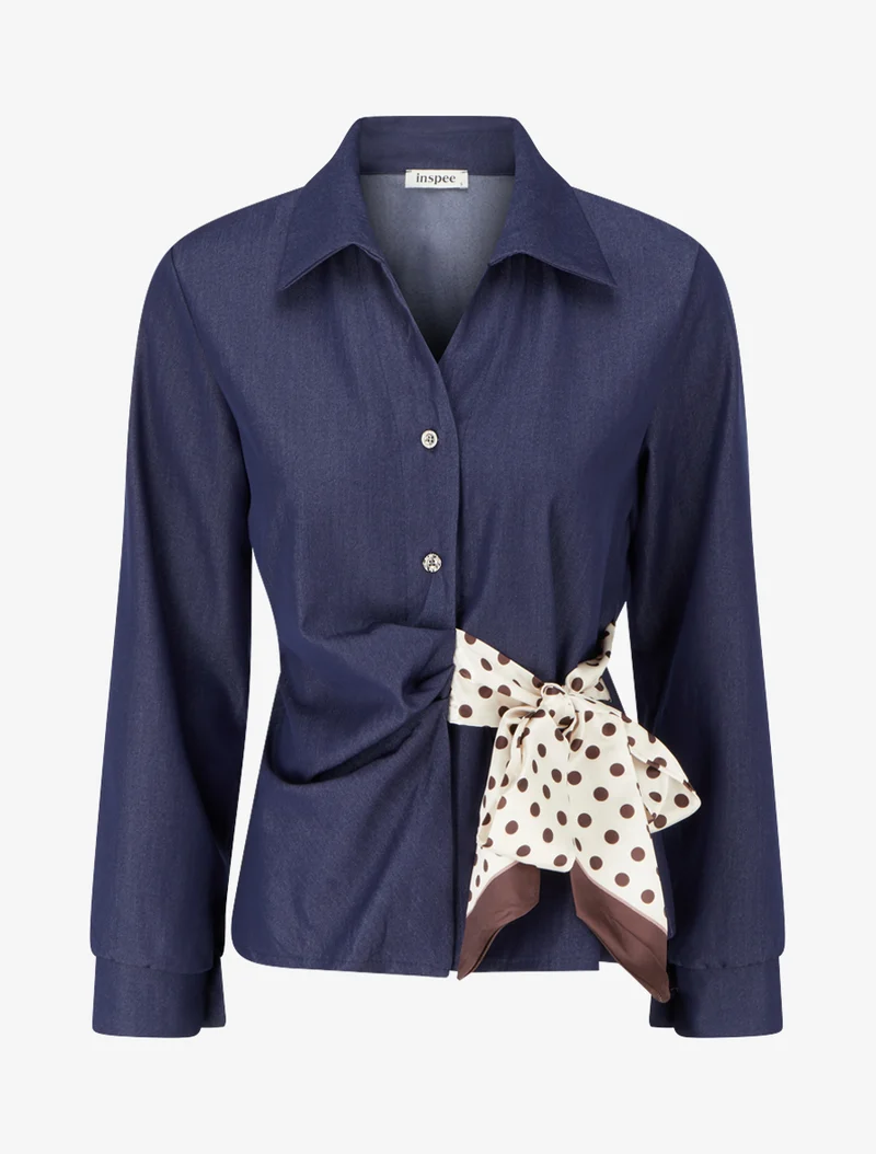 Chemisier ajusté à noeud imprimé pois - Bleu denim