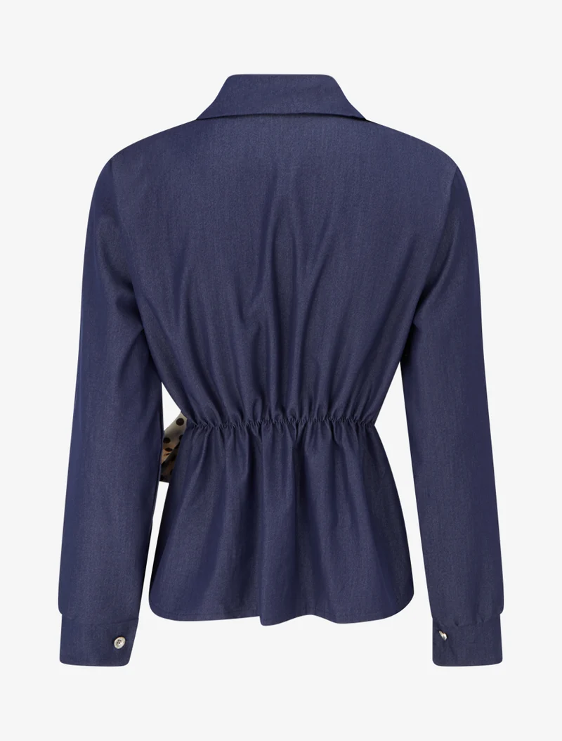Chemisier ajusté à noeud imprimé pois - Bleu denim