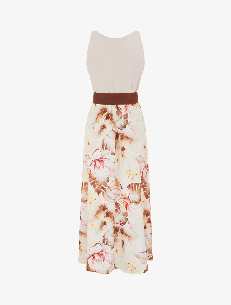 Robe imprimé feuillage à bretelles en simili - Camel