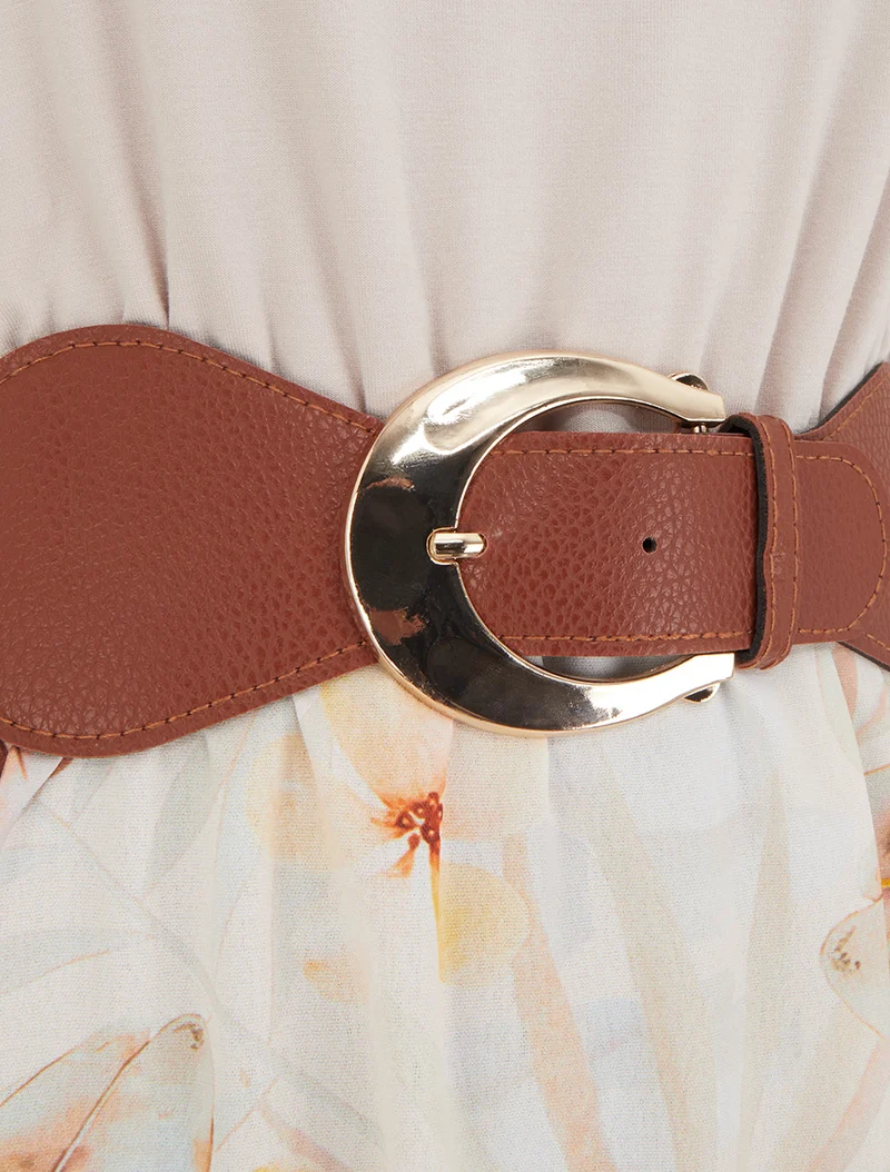 Robe imprimé feuillage à bretelles en simili - Camel
