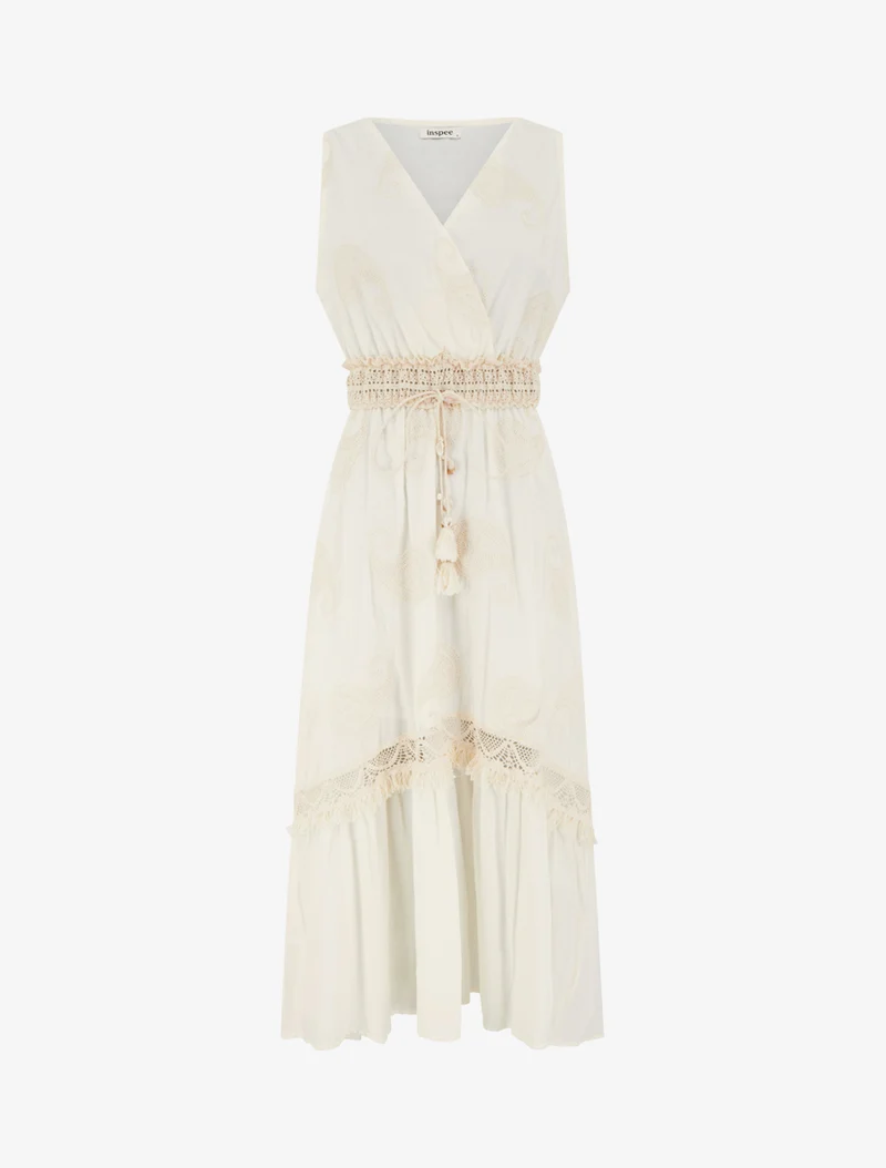 Robe longue à broderie motif cachemire - Écru