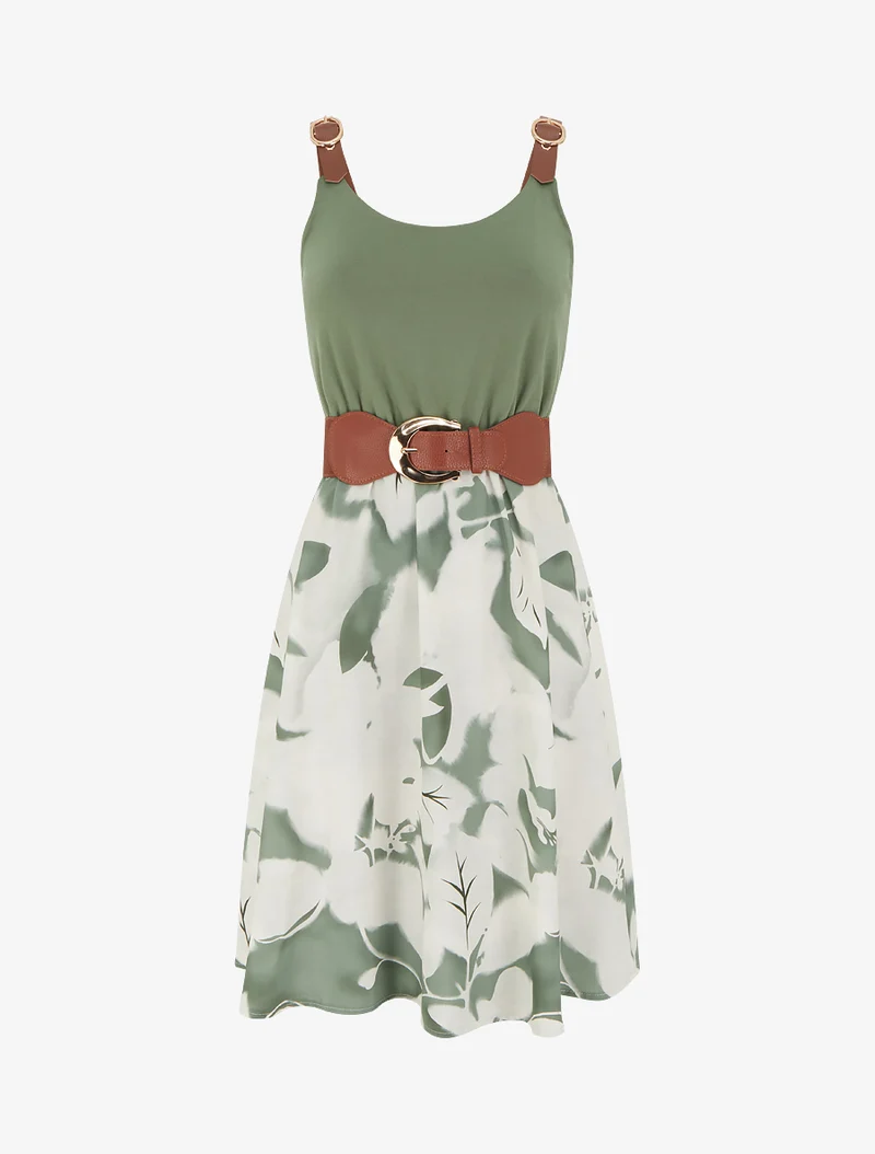 Robe mi-longue à bretelles en simili - Kaki