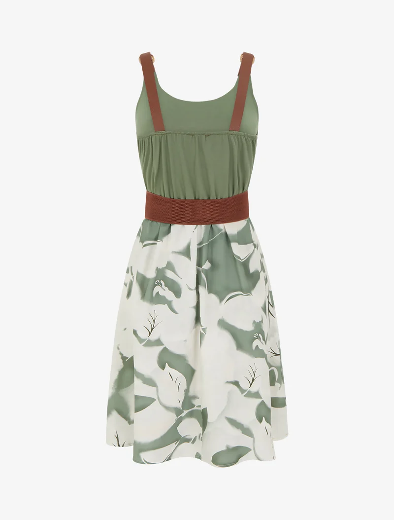 Robe mi-longue à bretelles en simili - Kaki