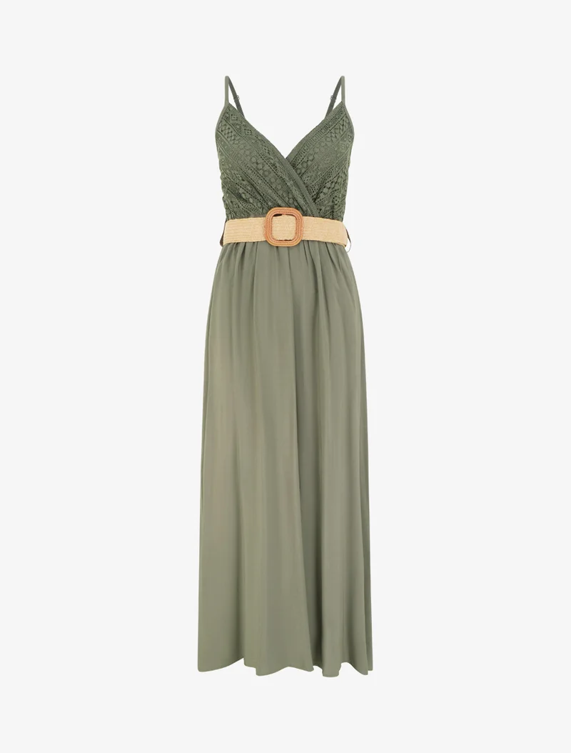 Robe longue unie à buste en dentelle - Kaki