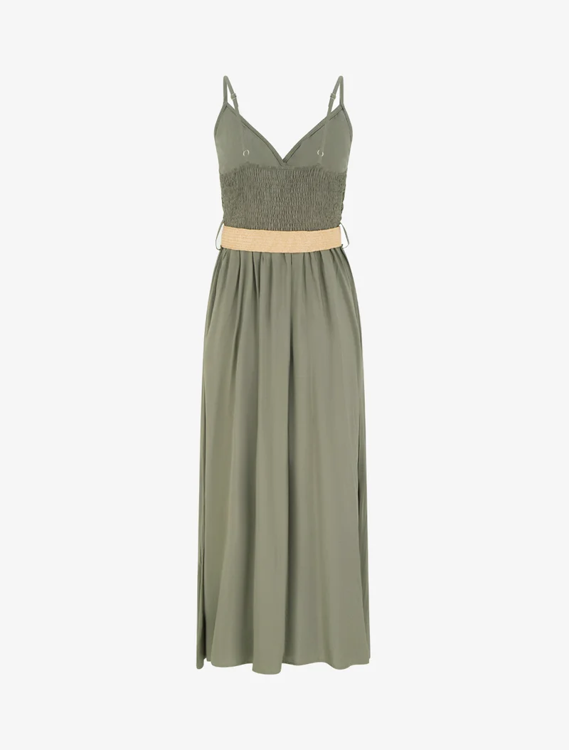 Robe longue unie à buste en dentelle - Kaki