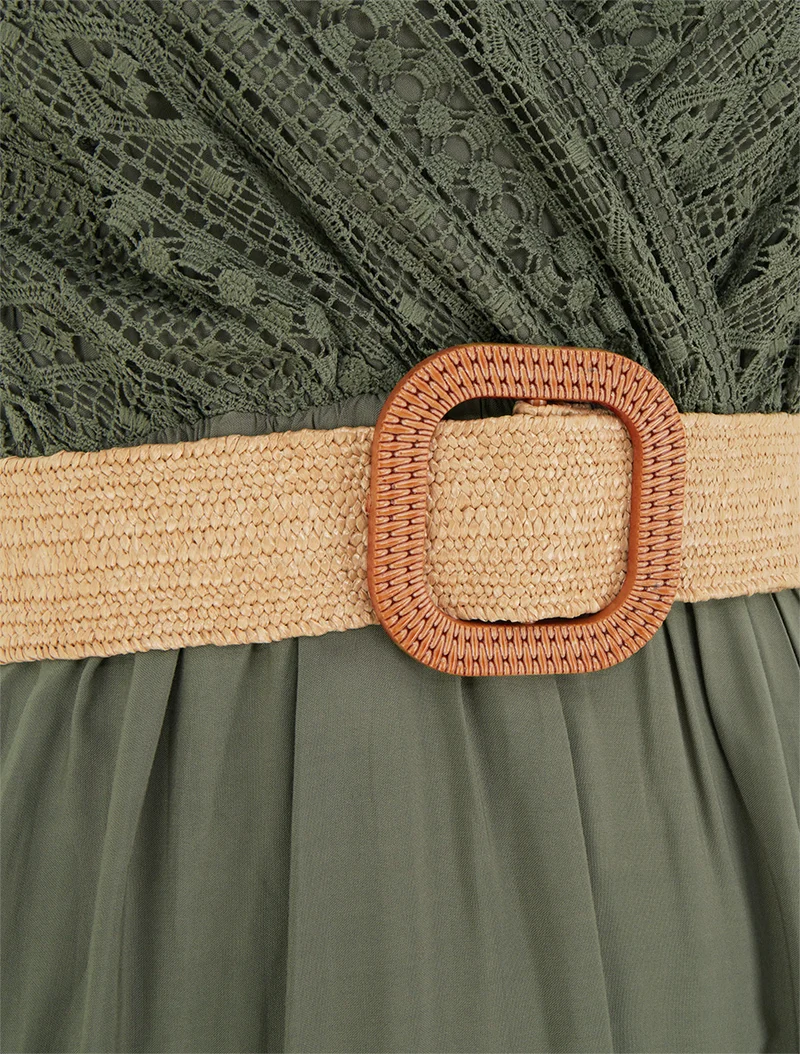 Robe longue unie à buste en dentelle - Kaki