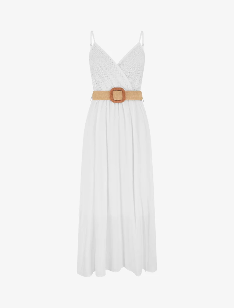Robe longue unie à buste en dentelle - Blanc