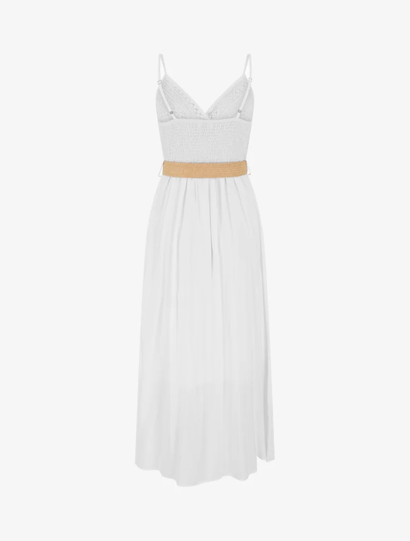Robe longue unie à buste en dentelle - Blanc